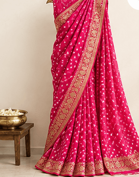 MELE Bandhani Saree — Rani Pink — front view