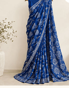 MELE Printed Georgette Saree — Royal Blue — front view