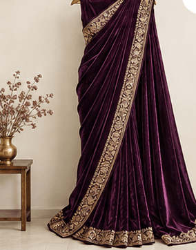 MELE Velvet Saree — Deep Plum — front view