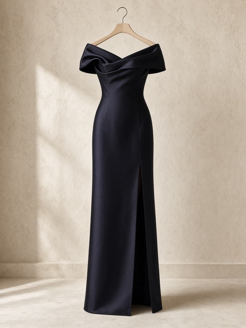 Milano Black Satin-Trim Column Gown — front view
