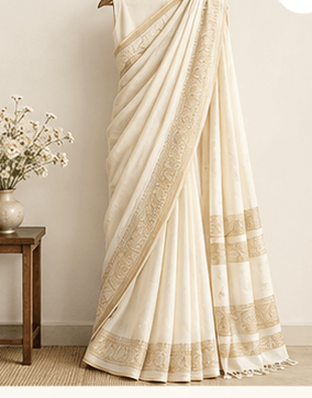 MELE Cotton Saree — Ivory — front view