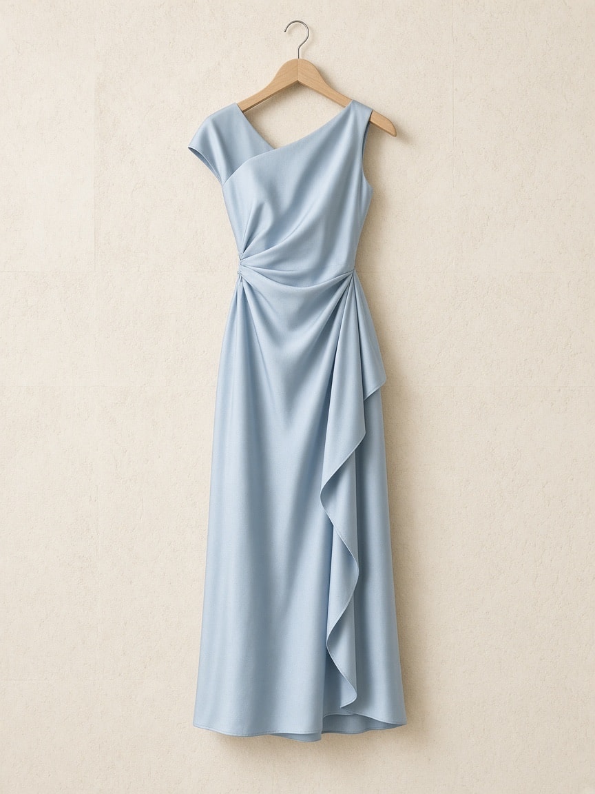 Paris Powder-Blue Draped Midi Dress — front view